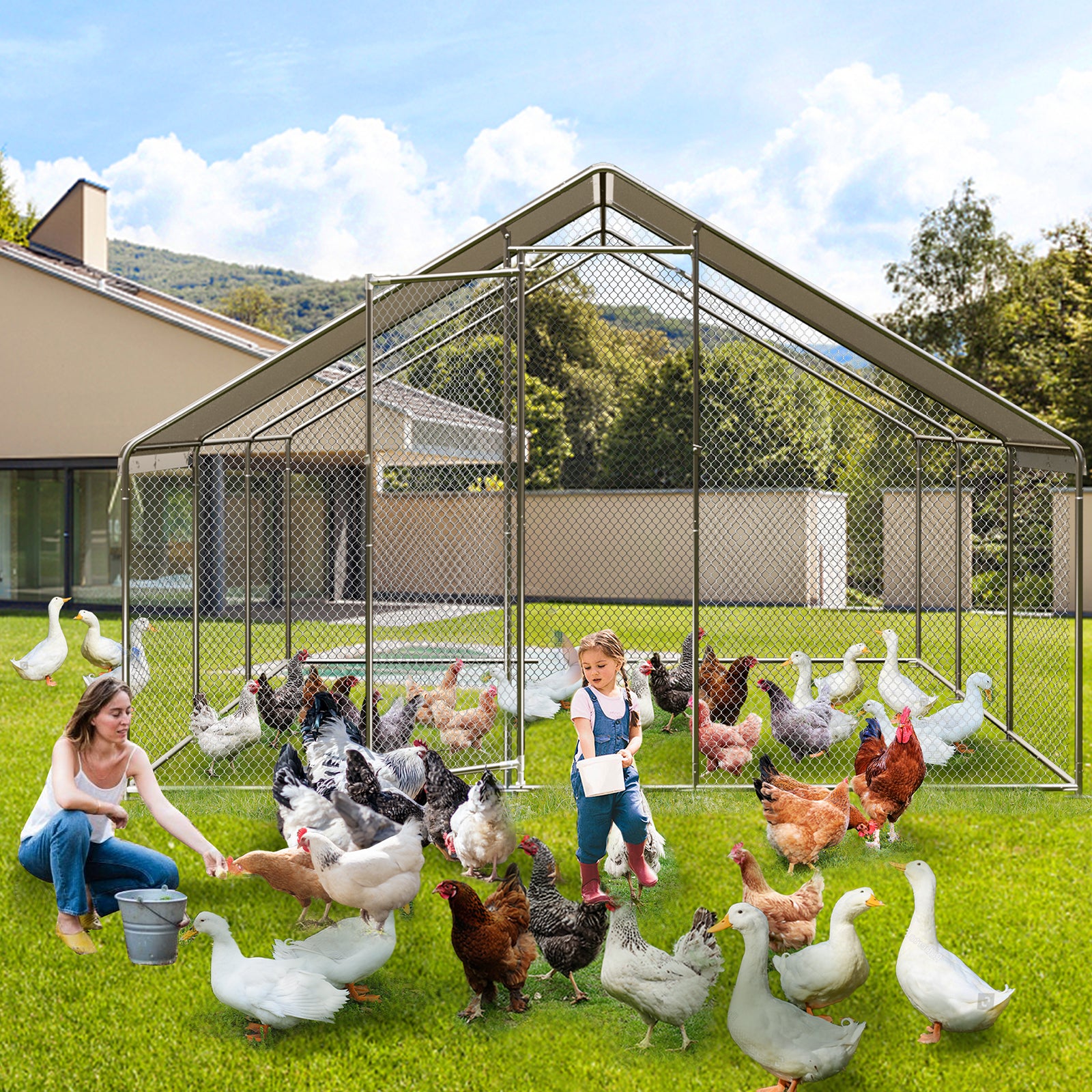 Garvee Large Metal Chicken Coop, Walk-in Poultry Cage, Chicken House with Waterproof and Anti-Ultraviolet Cover for Outdoor Yard Farm Silver - 9.8*19.7*6.6FT