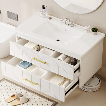 Garvee Modern 36" Floating Bathroom Vanity in Humidity-Resistant Design with Soft-Close Drawers and Gold Handles, White