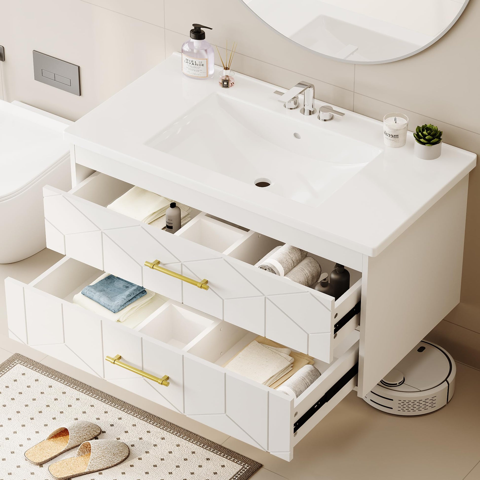 Garvee Modern 36" Floating Bathroom Vanity in Humidity-Resistant Design with Soft-Close Drawers and Gold Handles, White
