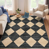 Garvee Plaid Black Beige 10x13 Large Modern Living Room Rug Geometric Diamond Design, Non-Slip & Washable, 100% Polyester, Soft Low Pile, Stain-Resistant, Black Camel - Bedroom & Dining Room - Black Beige