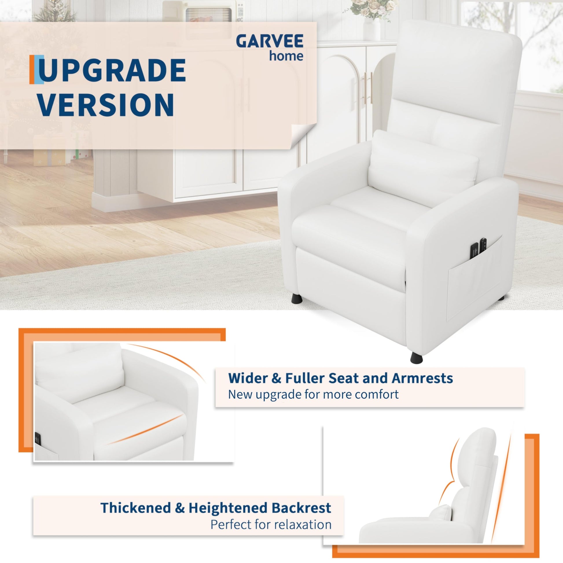 White recliner chair with adjustable backrest, leg rest, and built-in massage and heating features, remote control included.