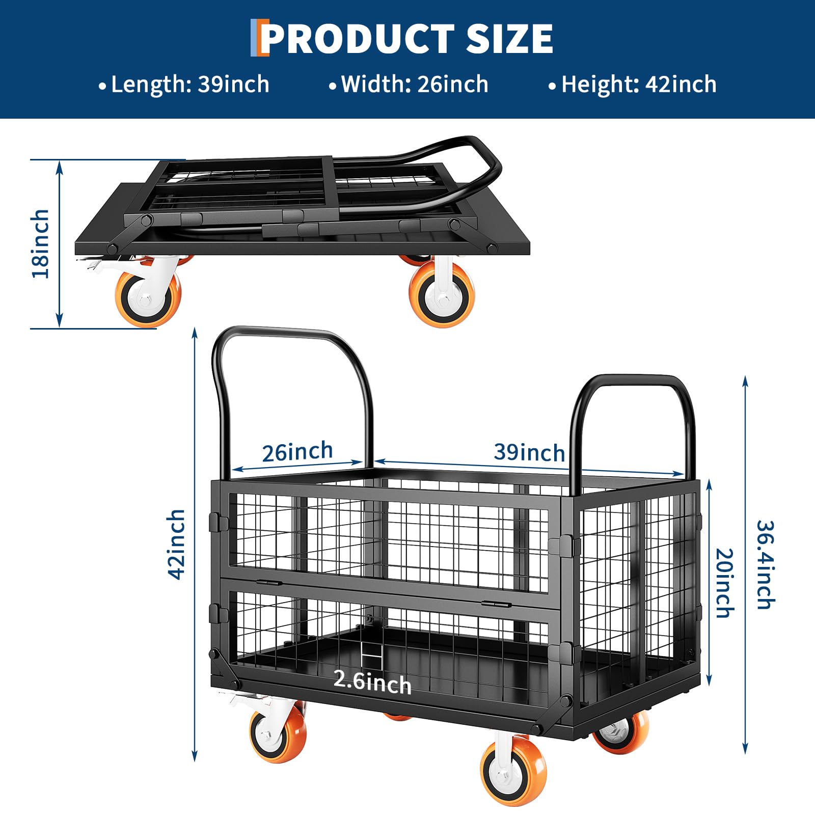 Platform Truck Cart With Cage, 6-in-1 Flatbed Utility Carts, Foldable - View #2