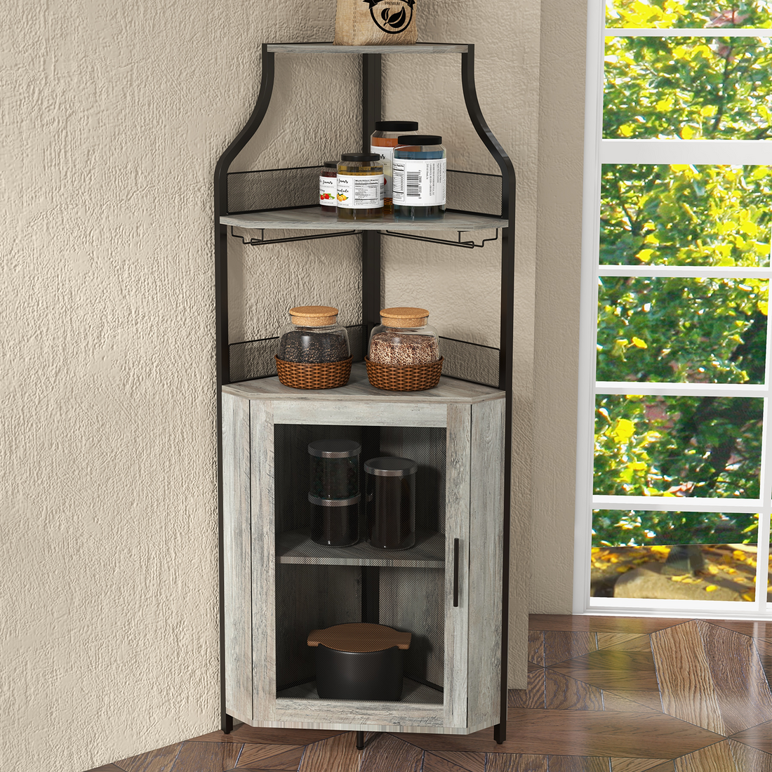 Garvee Corner Wine Bar Rack Cabinet with Detachable Wine Rack, Bar Cabinet with Glass Holder and Mesh Door, Liquor Coffe Bar Cabinet with Adjustable Shelves, ‎Grey