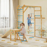 Garvee 8-in-1 Indoor Jungle Gym Set for Kids 3-11 Years - Slide & Swing - Solid Wood Frame - Monkey Bars & Climbing Net - Compact Home Play Gym