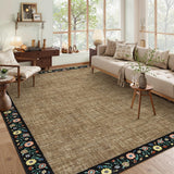 Garvee Bordered Brown 9x12 Washable Floral Bordered Living Room Rug Soft Low Pile Non-Slip TPR Backing Polyester Indoor Carpet for Bedroom Dining Office - Brown|Black Bordered