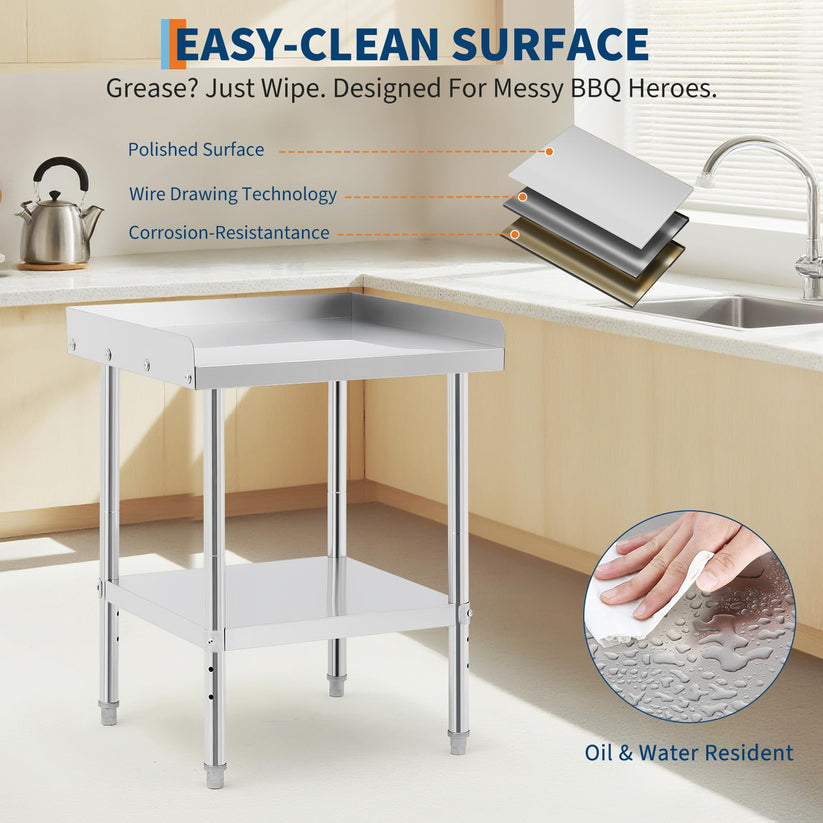 Easy-clean stainless steel surface with 2-inch edge baffle