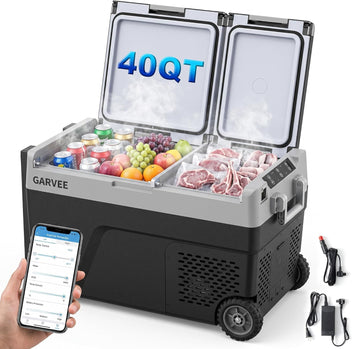 Garvee Dual Zone Car Refrigerator Freezer 38L 12V with Wheels & APP Control, -4℉–68℉, Portable Electric Cooler for Camping, Travel, RV, Home, 2-in-1 Tabletop, Battery Charging Pad
