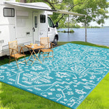 Garvee Outdoor Rug 9x12 Waterproof Reversible Polypropylene Patio Mat with Vintage Medallion, Stain-Resistant, Lightweight, Foldable for Deck Balcony Camping - Light Blue