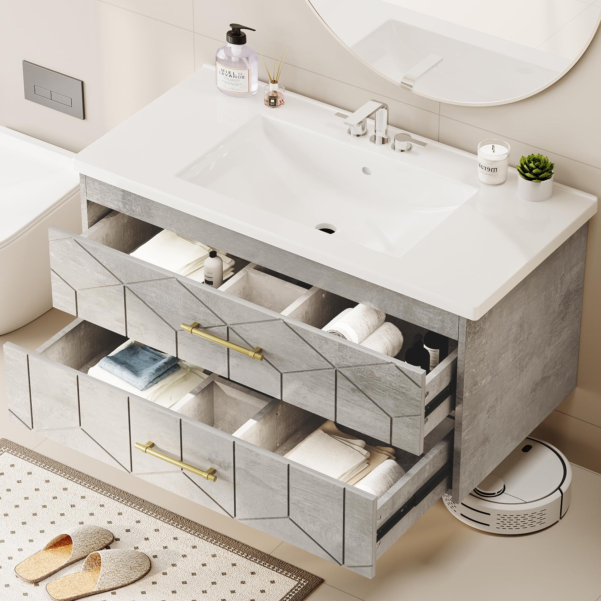 Garvee Modern 36" Floating Bathroom Vanity in Humidity-Resistant Design with Soft-Close Drawers and Gold Handles, Grey