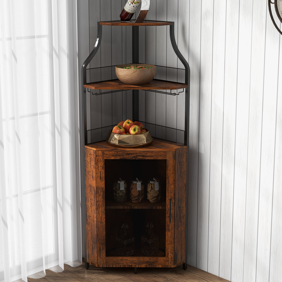 Garvee Corner Wine Bar Rack Cabinet with Detachable Wine Rack, Bar Cabinet with Glass Holder and Mesh Door, Liquor Coffe Bar Cabinet with Adjustable Shelves, Rustic Brown
