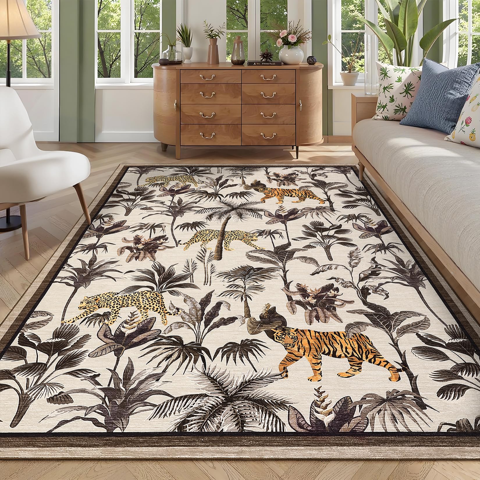 Garvee Washable Tiger Area Rug 9'x12' Tropical Jungle Design Taupe Non ...