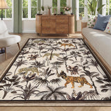 Garvee Taupe Tiger 9x12 Washable Area Rug - Tropical Jungle Design, Non-Slip & Stain Resistant, Low Pile, Non-Shedding, Taupe - Living Room & Bedroom - Taupe