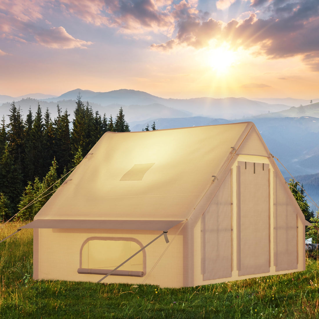 Garvee Luxury Inflatable 4-Season Camping Tent w/ Air Pump – Waterproof & Windproof Outdoor Cabin, Quick Setup, Durable Oxford, 2 Doors, 6 Windows, Fits 2-4 – Khaki