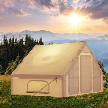 Garvee Luxury Inflatable 4-Season Camping Tent w/ Air Pump – Waterproof & Windproof Outdoor Cabin, Quick Setup, Durable Oxford, 2 Doors, 6 Windows, Fits 2-4 – Khaki