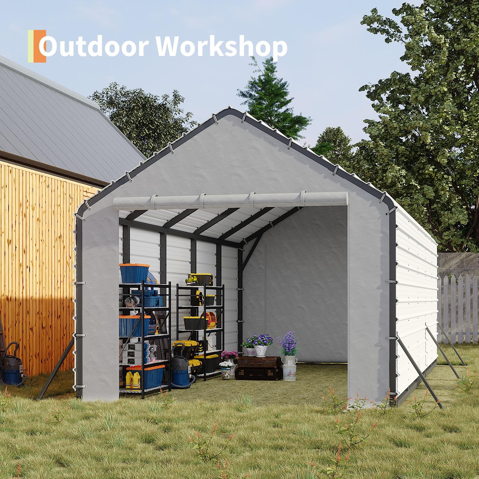 Garvee 13'x26'x11' Enclosed Oversized Metal Carport, Steel Heavy Duty Carport for All-Weather, Permanent Shelter for Full-Size Pickup Trucks, Boats, and Tractors, N.W. 1,000 Lbs