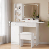 Garvee Vanity Desk with Mirror and Lights, White Makeup Vanity with Charging Station, Dressing Table Set with Storage Chair, Drawer Shelves, and Foldable Panel for Compact Space Bedroom, White - White
