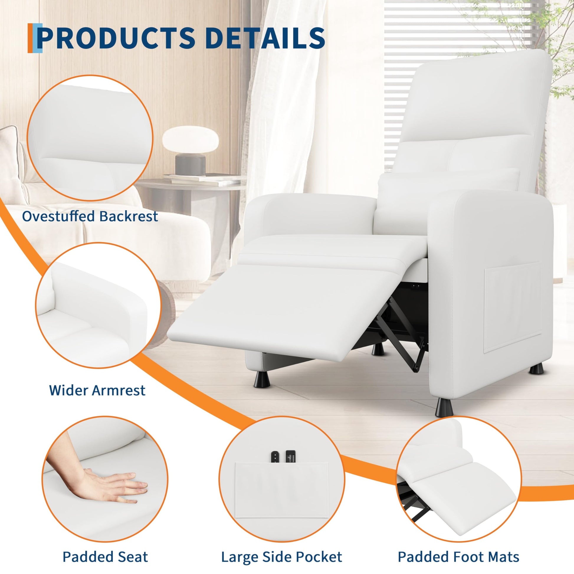 Close-up of the recliner's features showing plush white upholstery, built-in massage nodes, heating element, and remote control.