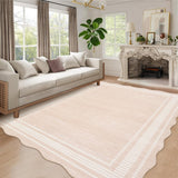 Garvee Washable Rugs 10x13 Area Rugs for Living Room Bedroom, Low Pile Ultra Soft Solid Neutral Carpet, Non Slip & Non Shedding Modern Scalloped Print Floor Mats for Home Decor - Beige