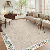 Garvee Bordered Light Flax 9x12 Washable Floral Bordered Living Room Rug Soft Low Pile, Non-Slip TPR Backing, Polyester, Stain Resistant, Lightweight Foldable, Bedroom Dining Office - Light Flax|Beige Bordered