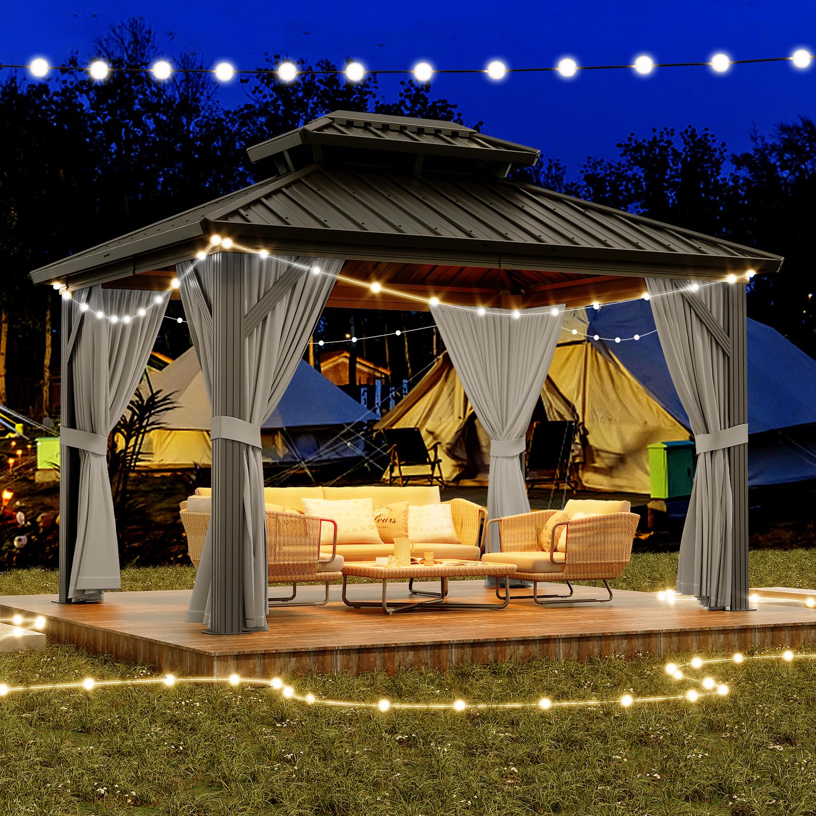 Garvee 10x12ft Hardtop Gazebo Double Roof Aluminum Frame Outdoor