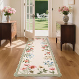 Garvee Floral Scalloped Kitchen Runner Rug 2x6 Low-Pile Machine Washable Faux Wool Non-Slip Stain Resistant Boho Hallway Bedroom Bathroom - Floral/Light Taupe