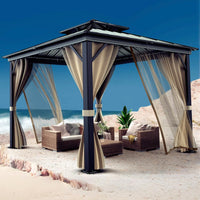 Garvee 12'x12' Hardtop Gazebo for All Weather, with Double Metal Roof, Aluminum Alloy Frame, Net, and Curtain, Permanent Building for Patio, Deck, Backyard, Lawn, and Garden, Khaki