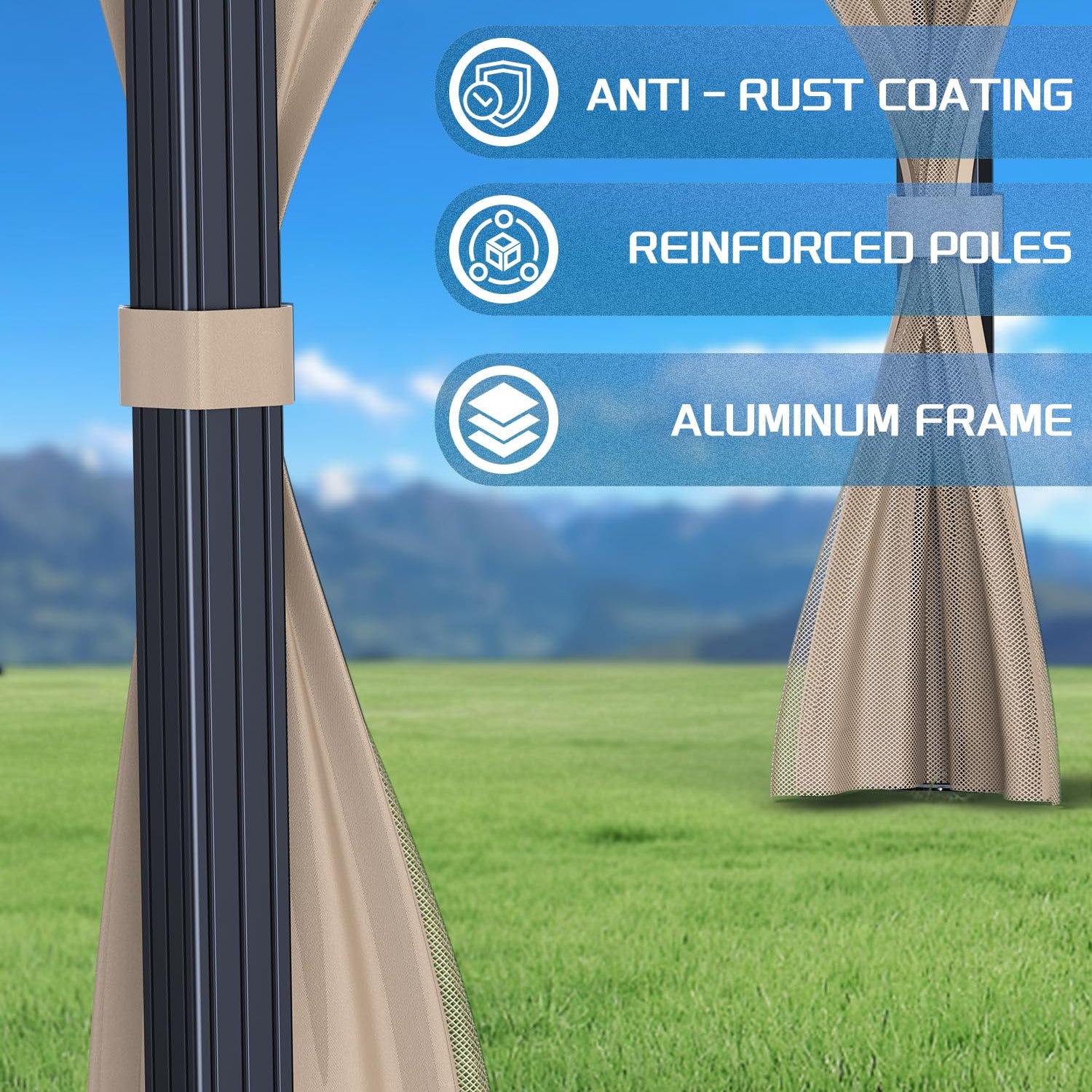 Garvee 12'x12' Hardtop Gazebo for All Weather, with Double Metal Roof, Aluminum Alloy Frame, Net, and Curtain, Permanent Building for Patio, Deck, Backyard, Lawn, and Garden, Khaki