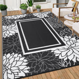 Garvee Waterproof Reversible Outdoor Rug 8x10 Floral Border UV-Resistant Plastic Straw Portable with Stakes for Patio Deck Beach - Black & White