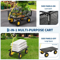 Garvee 900 lbs Heavy Duty Steel Garden Wagon Cart – 2-in-1 Utility Yard Cart, Removable Mesh Sides, 10" All-Terrain Tires, 180° Rotating Handle – For Gardening, Lawn, Outdoor Transport – Black Body, Yellow Hubs