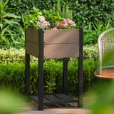 Garvee 19" × 33" HDPE Elevated Raised Garden Bed, Wood-Grain Planter Box with Black Aluminum Frame & Storage Shelf, Brown - Brown