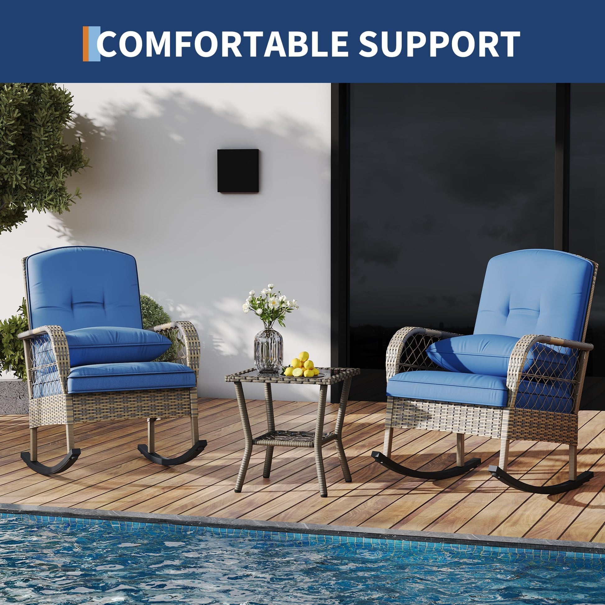 Garvee 2 pieces Outdoor Wicker Rocking Chair, PE Rattan Patio Rocker with Thick Cushions, Steel Frame, All-Weather Rocking Chair for Porch, Garden & Backyard, Blue