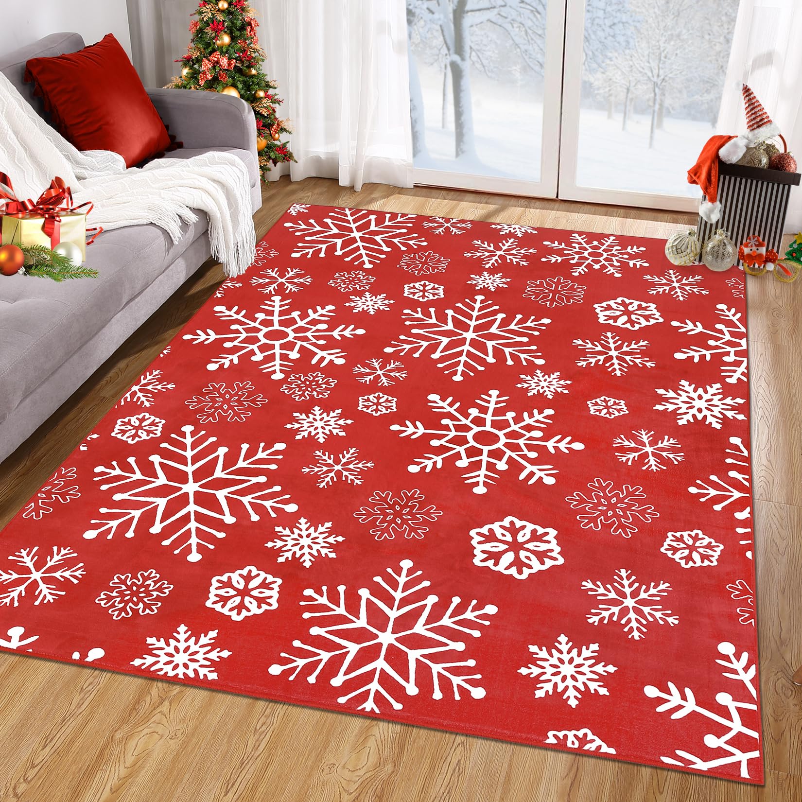 Garvee Christmas Area Rug 4x6 Snowflake Pattern Machine Washable Non Slip Polyester Indoor Decorative Accent Rug for Living Room Bedroom Kitchen