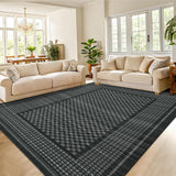 Garvee Checkered Living Room Rug 8x10 - Non-Slip, Washable, Pearl Velvet, Foldable, Low Pile, Polyester - Bedroom, Dining Room, Office - Black