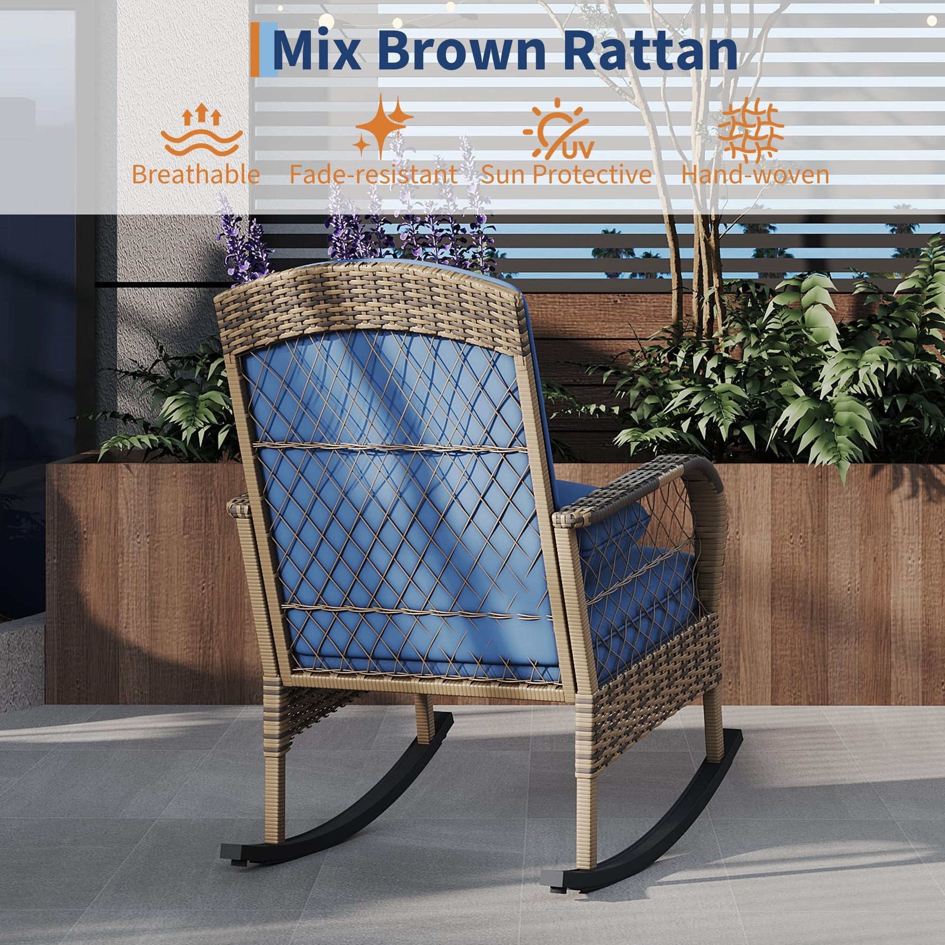 Garvee 2 pieces Outdoor Wicker Rocking Chair, PE Rattan Patio Rocker with Thick Cushions, Steel Frame, All-Weather Rocking Chair for Porch, Garden & Backyard, Blue