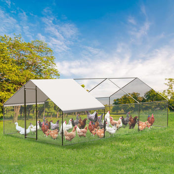 Garvee Large Metal Chicken Coop, Walk-in Poultry Cage, Chicken House with Waterproof and Anti-Ultraviolet Cover for Outdoor Yard Farm Silver - 9.8*19.7*6.6FT