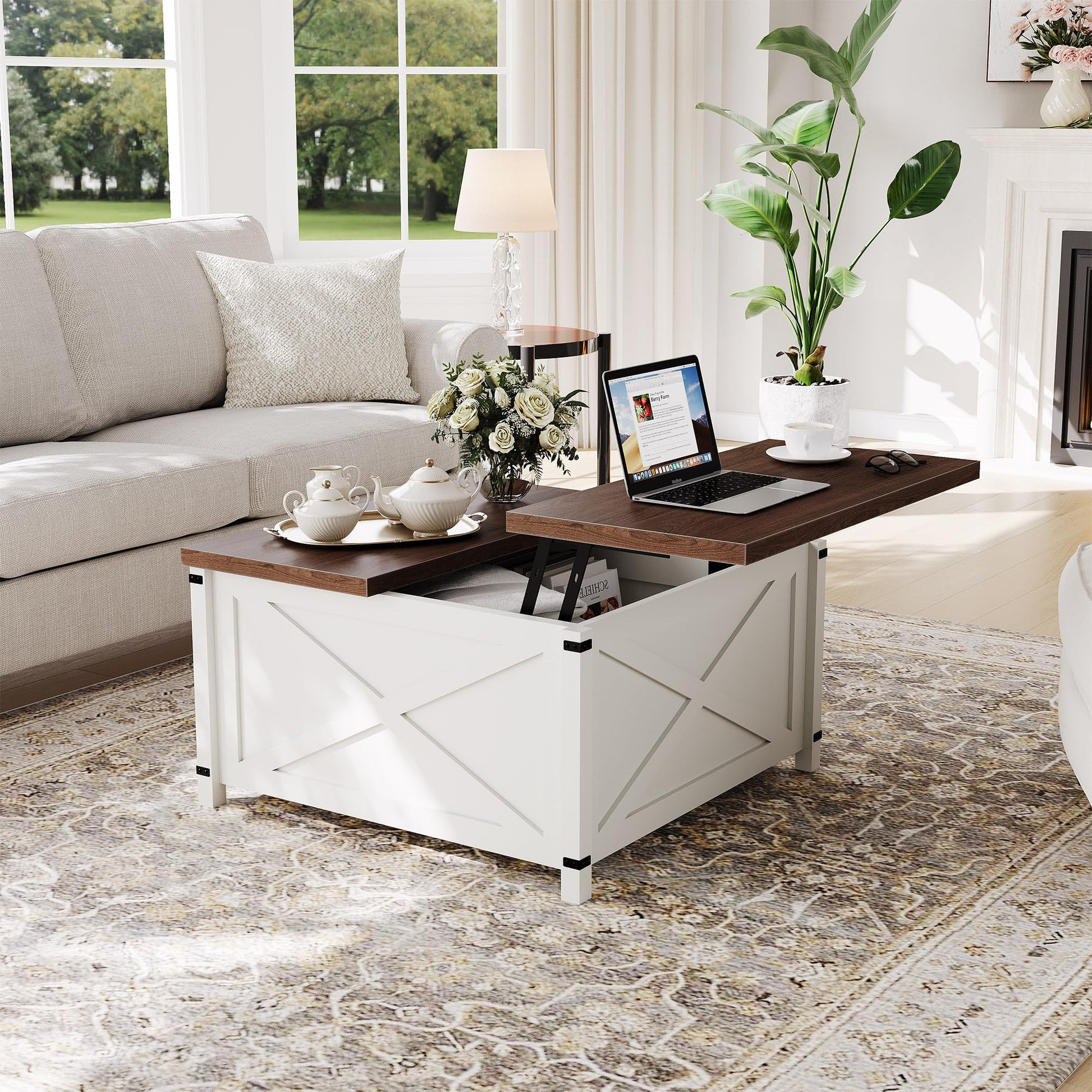Garvee Farmhouse Coffee Table with Lift Top, 31.5 Inch Square Rustic Cocktail Table with Storage, x-Shaped Design & Industrial Metal Accents, Sturdy Wood Center Table for Living Room