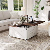 Garvee Farmhouse Coffee Table with Lift Top, 31.5 Inch Square Rustic Cocktail Table with Storage, x-Shaped Design & Industrial Metal Accents, Sturdy Wood Center Table for Living Room