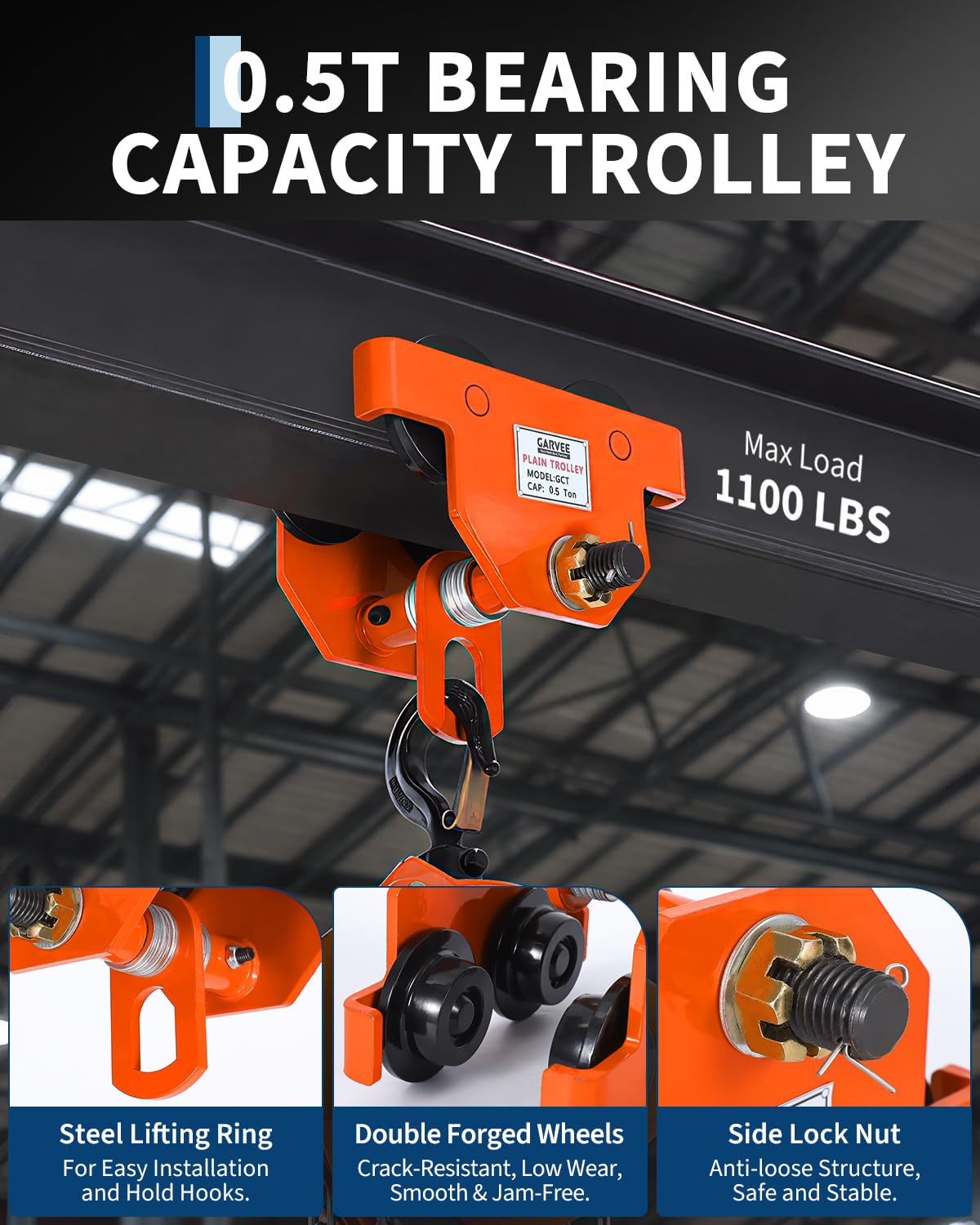 Garvee Manual Push Beam Trolley Hoist - 0.5 Ton (1100 lb) Capacity - Adjustable 2.5–7 in I-Beam Flange - Dual-Wheel Alloy Steel for Straight/Curved I & H Beams - Color: Orange
