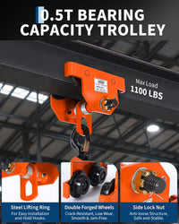 Garvee Manual Push Beam Trolley Hoist - 0.5 Ton (1100 lb) Capacity - Adjustable 2.5–7 in I-Beam Flange - Dual-Wheel Alloy Steel for Straight/Curved I & H Beams - Color: Orange