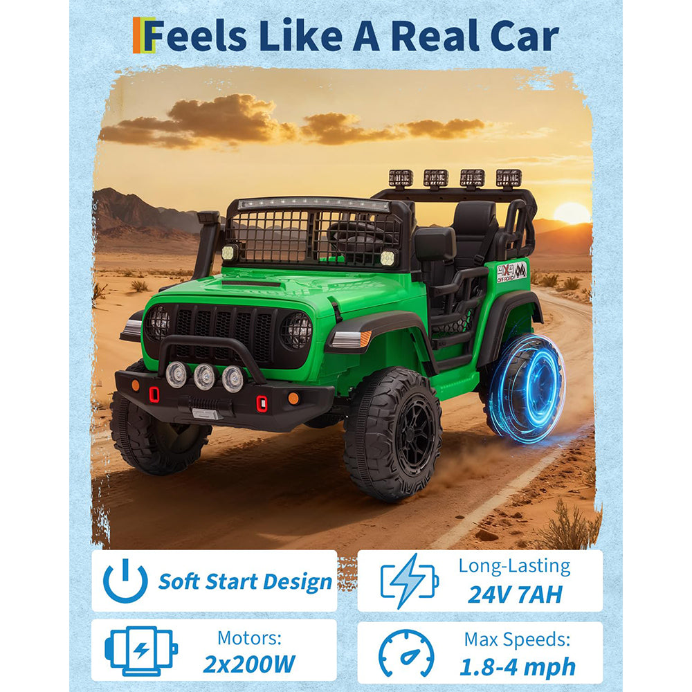 Garvee 24V Ride on Toys for Big Kids, 2-Seater Electric Ride on Car Truck with Remote Control, Four-Wheel Shock Absorbers, 4 Mph Max Speed, Music, LED Lights for Boys Girls, Green
