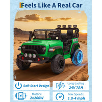 Garvee 24V Ride on Toys for Big Kids, 2-Seater Electric Ride on Car Truck with Remote Control, Four-Wheel Shock Absorbers, 4 Mph Max Speed, Music, LED Lights for Boys Girls, Green