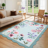 Garvee 10' x 13' Blue Floral Washable Area Rug, Non-Slip Botanical Rug with Scalloped Edges, Soft Low-Pile Rug for Living Room, Nursery & Playroom - Floral/Light Blue