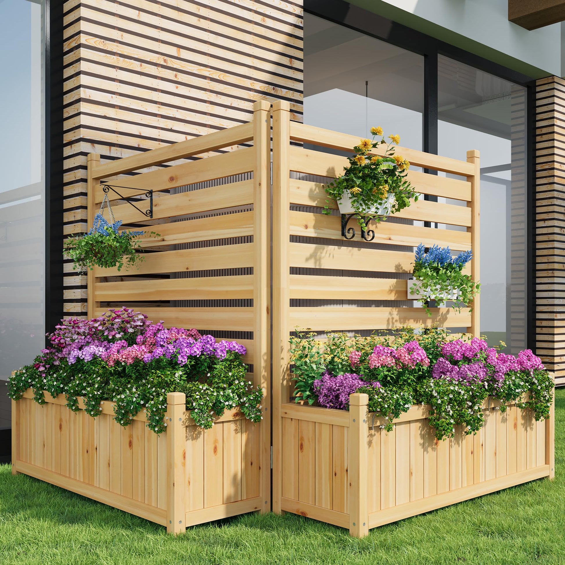 Garvee 22x40 Inch Outdoor Wood Privacy Fence Panels with Planter Box,  Sturdy Freestanding Design, Weather-Resistant, 2-Panel AC Unit Screen for  Yard, Patio & Pool, Natural Wood, Brown