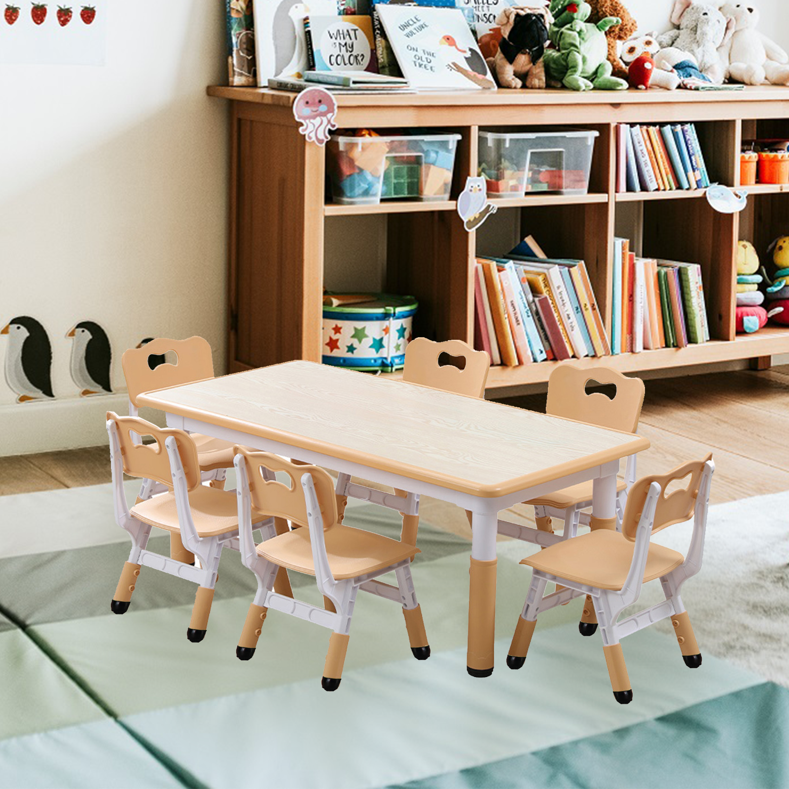 Garvee Kids 7 in 1 Table & Chairs Set in Ergonomic Design, Height Adjustable, Max 300lbs for Home & Classroom Use, Natural