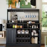 Garvee Farmhouse Coffee Bar Cabinet with Wine Rack, Power Outlets, Goblet Holder, MDF, Glass Racks, 5 Hooks, Black, Dining & Living Room - Dark Grey