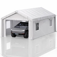 Garvee 12' x 20' x 11' Heavy-Duty Portable Garage with Canopy Roof, Roll-Up Windows, Galvanized Steel Frame, Water-Resistant, Front & Back Doors, White, Outdoor Storage
