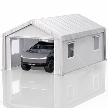 Garvee 12' x 20' x 11' Heavy-Duty Portable Garage with Canopy Roof, Roll-Up Windows, Galvanized Steel Frame, Water-Resistant, Front & Back Doors, White, Outdoor Storage