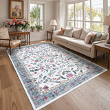 Garvee Washable Area Rug 8x10 Non-Slip Soft Vintage Living Room Rug, Low Pile Farmhouse Floral Carpet, Non-Shedding Foldable Printed Rugs for Home Office Kids Playroom, Light blue - Light Blue