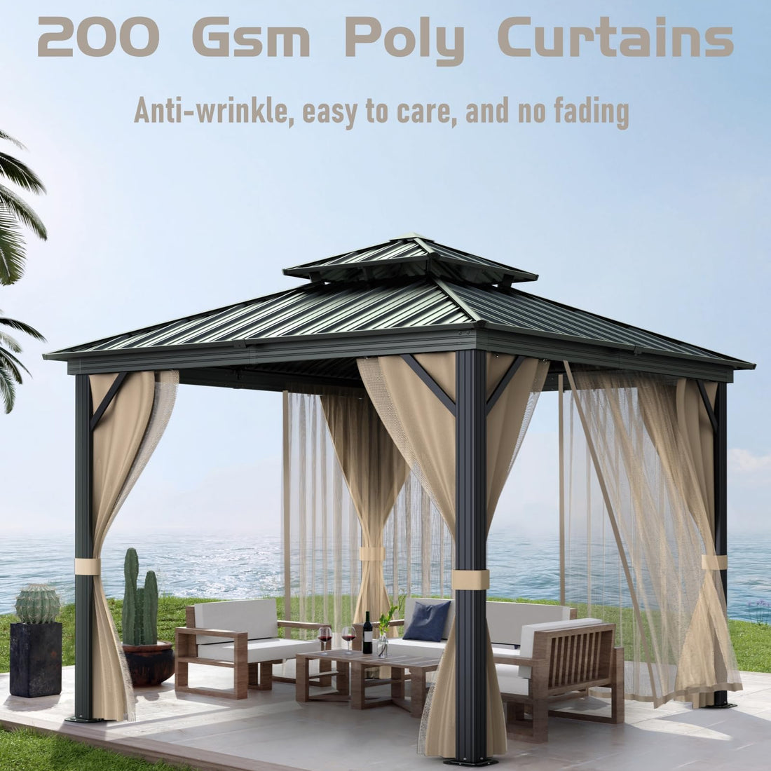 Garvee 12'x12' Hardtop Gazebo for All Weather, with Double Metal Roof, Aluminum Alloy Frame, Net, and Curtain, Permanent Building for Patio, Deck, Backyard, Lawn, and Garden, Khaki