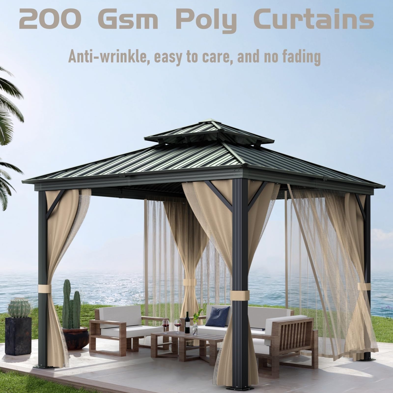 Garvee 12'x12' Hardtop Gazebo for All Weather, with Double Metal Roof, Aluminum Alloy Frame, Net, and Curtain, Permanent Building for Patio, Deck, Backyard, Lawn, and Garden, Khaki